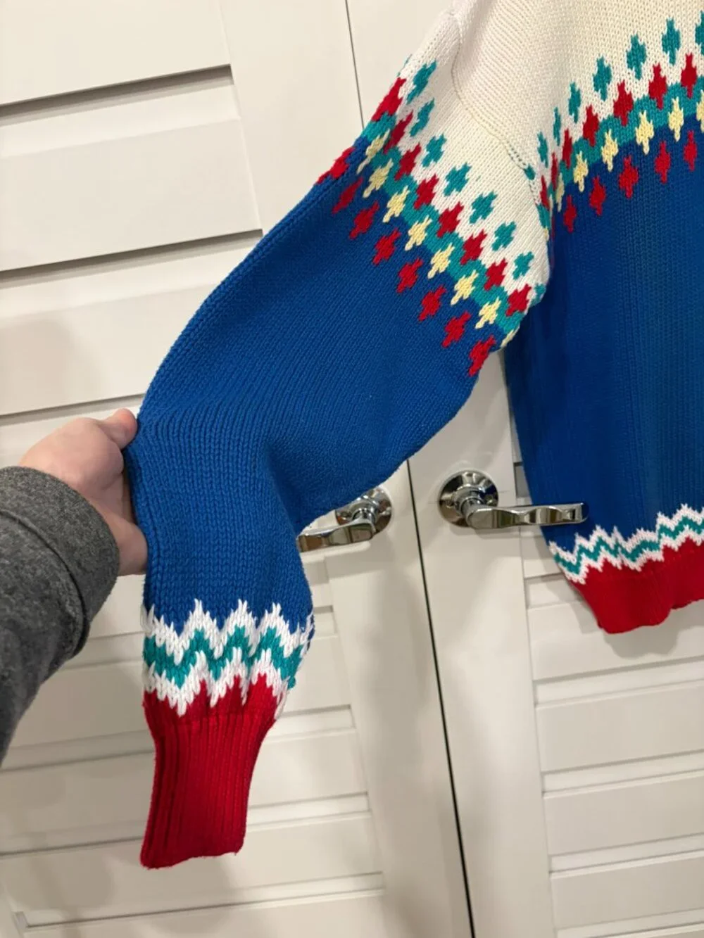 IZOD Vintage Fair Isle Cotton Sweater Blue Red Geometric Ski Crewneck Men’s L
